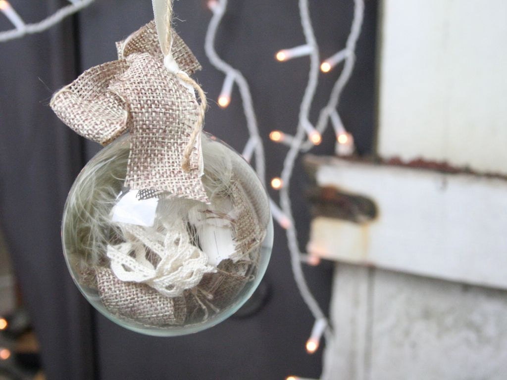 Glass Feather and Lace Bauble Decoration, Handmade Christmas Ornaments, Filled Glass Baubles,