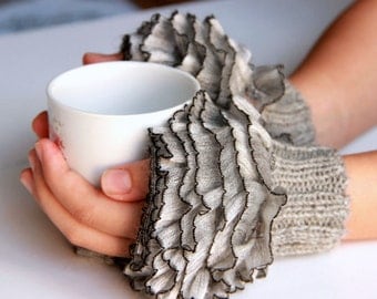 Fingerless Gloves, cozy hand knitted mittens Hand Knit elegant ruffled gray gloves, frilly gloves gray colored autumn winter 2016 fashion