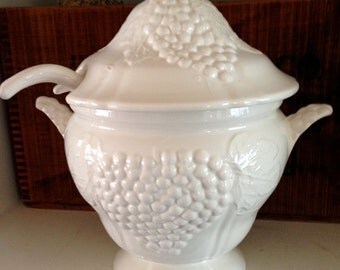 Vintage White Ironstone Covered Tureen with Ladle - Grape Design