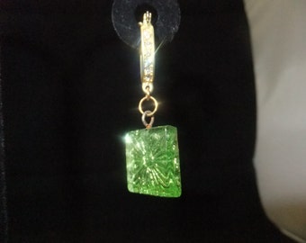 Green Glass & Gold Jeweled Hoop Earrings