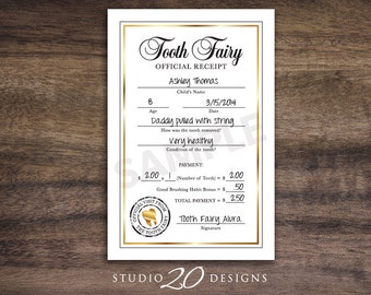Tooth Fairy Receipt, 4x6 Gold Tooth Fairy Certificate, Instant Download 20A