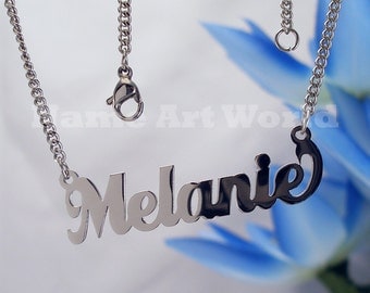 Melanie name necklaces. stainless steel. next day ship. never tarnishes. shiny silver color
