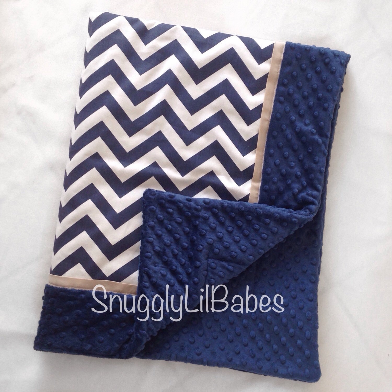 Baby blanket navy chevron tan trim and navy minky dot