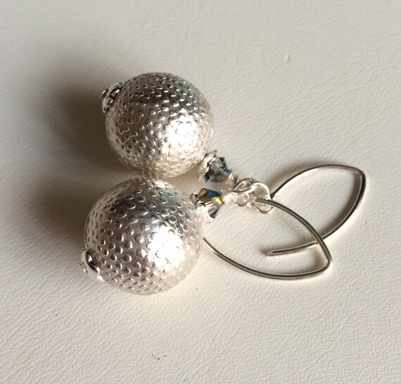 Textured Sterling Silver Ball Earrings, Handmade Dangle Earrings