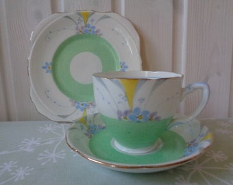c1935 Art Deco Grafton Hand Painted China Trios - English China - 1930s Grafton China Tea Ware