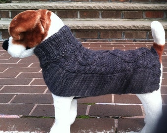 Custom made dog sweater hand knit in a cable pattern