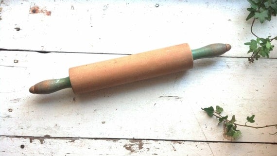 Vintage Rolling Pin Maple Hardwood Jadeite Green Handles