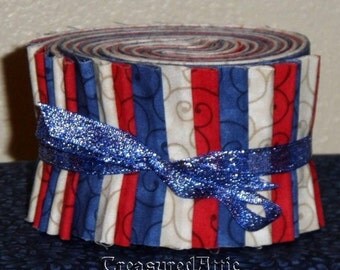 Jelly-Roll-Fabric-Strips-Patriotic-Americana-Quilt-Colors-Red-Cream-white-Blue 100% Cotton Quilt in a day Perfect Quilt of Valor Colors