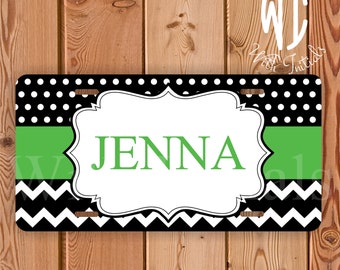 Chevron and Polka Dots license plate personalized car tag with apple green stripe