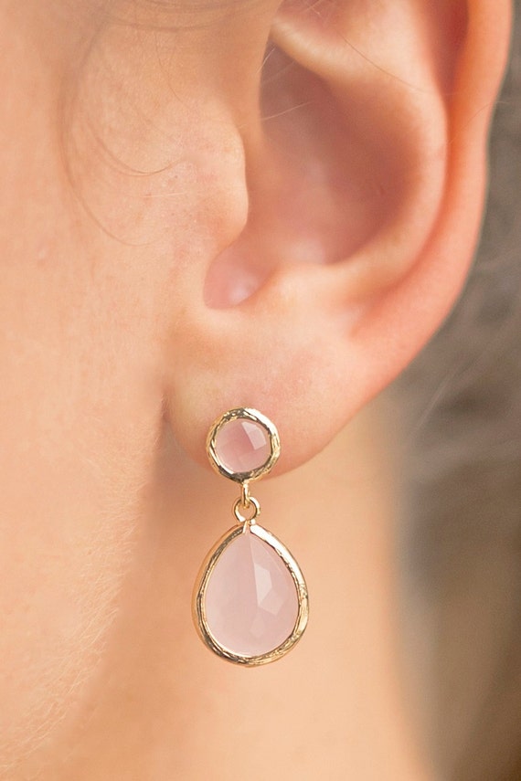 Blush Pink / Gold Teardrop Post Earrings Two Piece Earrings