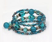 Teal Turquoise Beaded Bracelet, Artisan Lamp Work, Sea Glass,Teal Memory Wire Wrap Bracelet, Antiqued Silver, Easy Wear, One Size