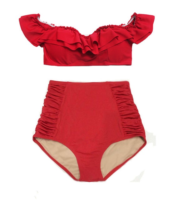 Red Off Shoulder Top and Red Ruched Highwaisted High Waisted