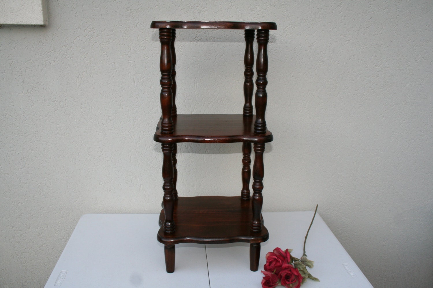 Vintage,side table,three tier,lathe,turned,wood,natural,dark stained