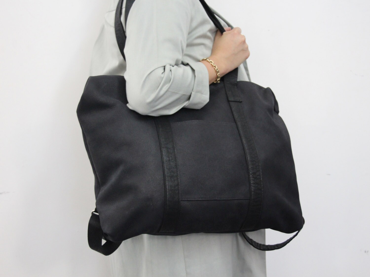 Matt Black Leather Backpack / Women Leather Tote / Oversize