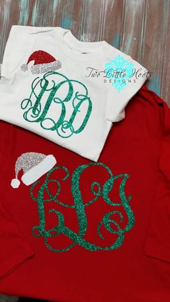 Santa Hat Glitter Christmas Monogram Adult Long Sleeve