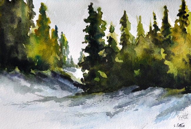 Original Watercolor Painting Winter Landscape Pine Trees 5x7