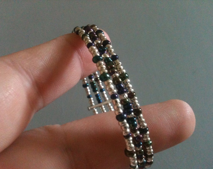 clearance! silver, blue, green, and purple glass beaded cuff bracelet