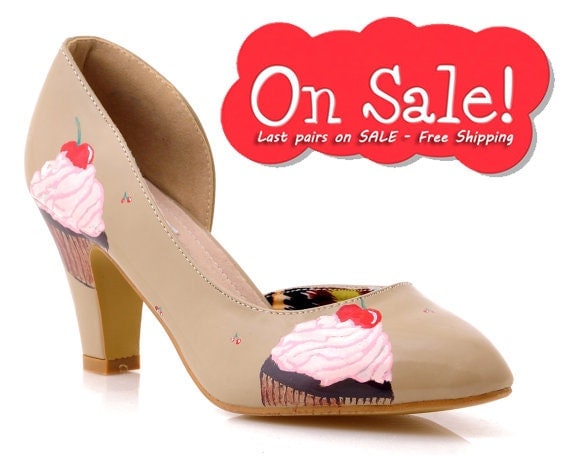 Last pairs ON SALE!!! Beige open high heel shoes Cupcake hand painted ...