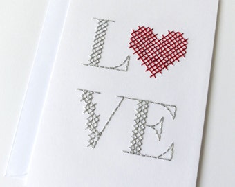 Hand embroidered card bright red silver cross stitch Love-craft card-writing-textile design-decoration-fetes-wedding-Valentine's Day