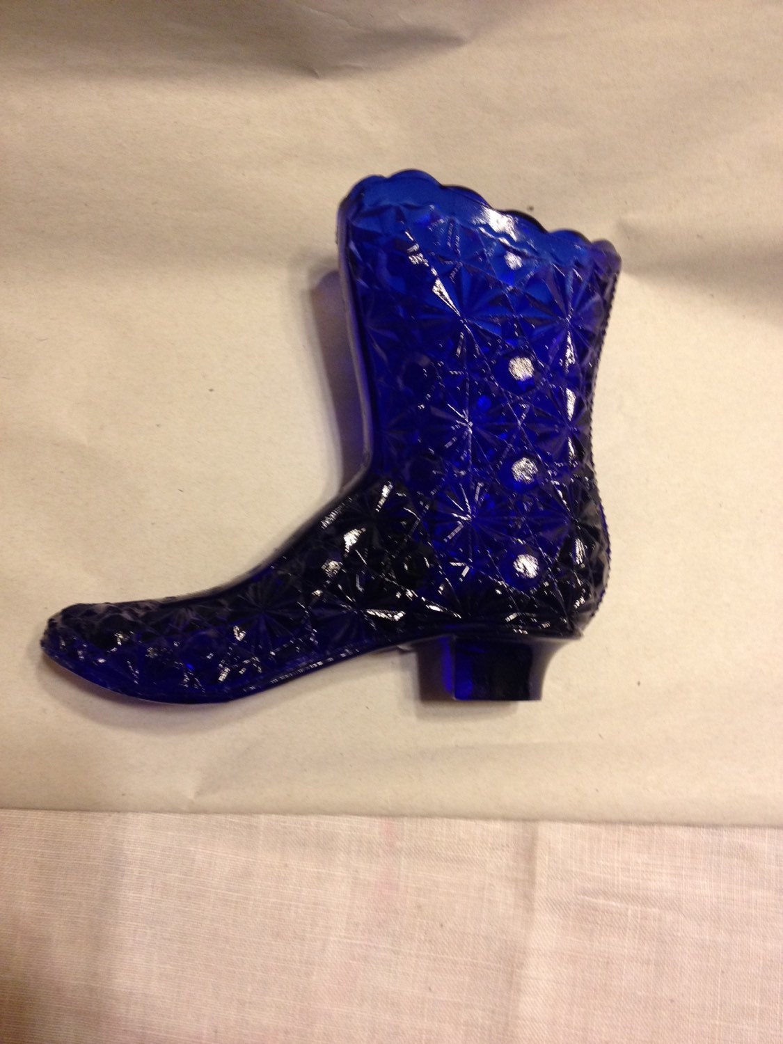 Vintage Cobalt Blue Cut Glass Boot Shaped Vase by LifetimeFinds