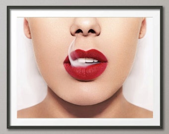 Items similar to Photo Red Gloss Lips Smoking Beauty Art Print on Etsy