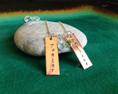 Handstamped Personalized Copper Metal Name Tags on a Sterling Silver Necklace with Two Swarovski Crystal Birthstone Charms, Handmade