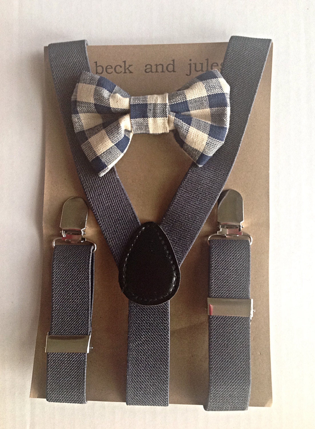 Little boys grey suspenders and matching bow tie set