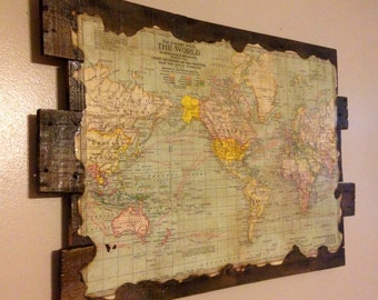 Antique World Map on Reclaimed Wood