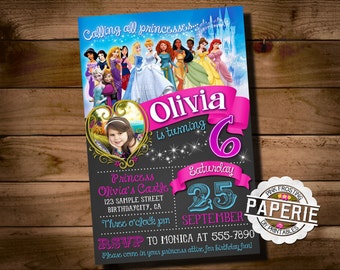 DISNEY PRINCESS Photo BIRTHDAY Invitation, Princess Party Ideas, Disney Princess Invitation, Printable Invitation, Pink Frosting Paperie