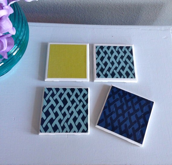 Set of 4 handmade ceramic coasters Green Blue by KatieBcoasters