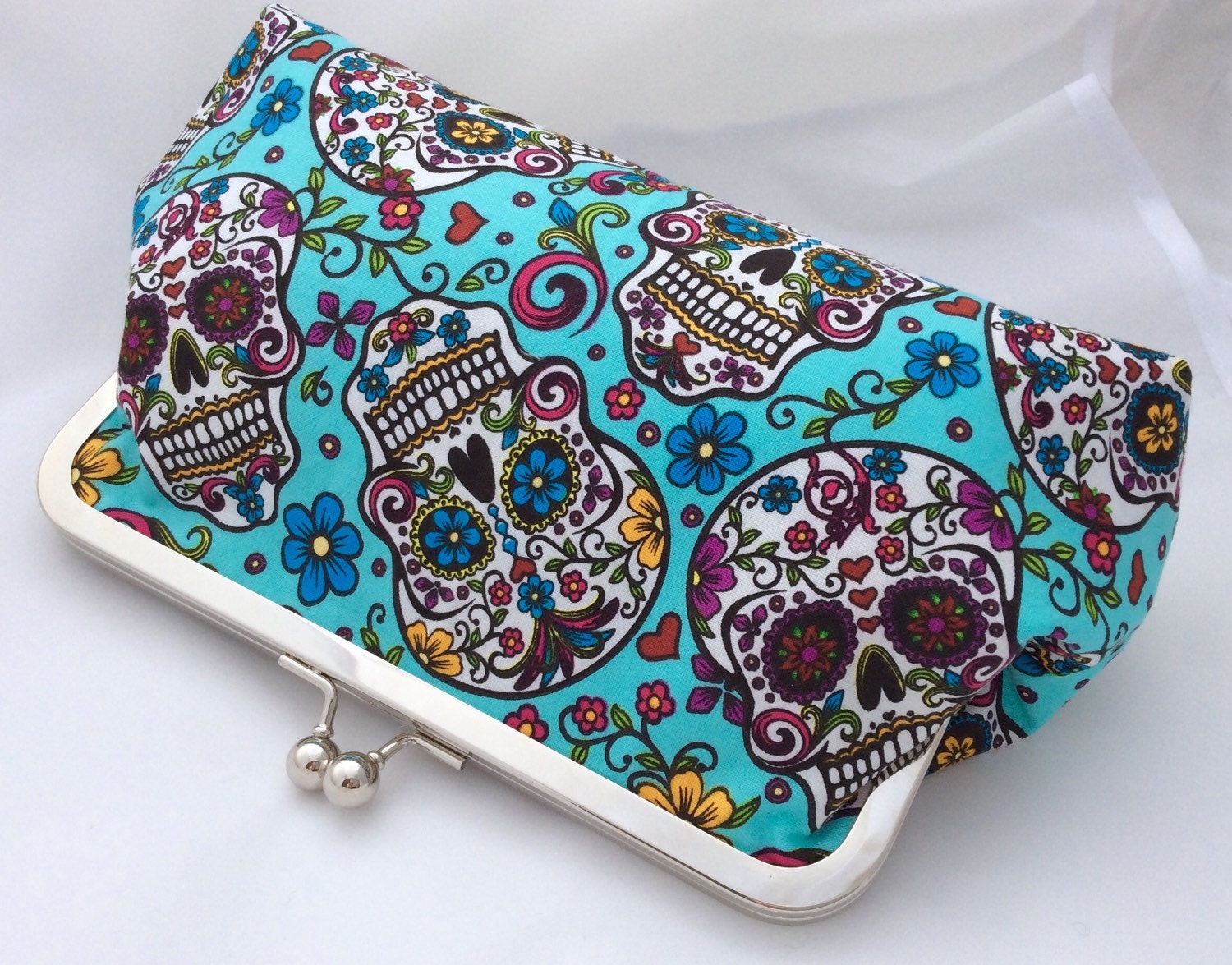 Funky Skulls Clutch Bag / Purse / Handbag in Turquoise and