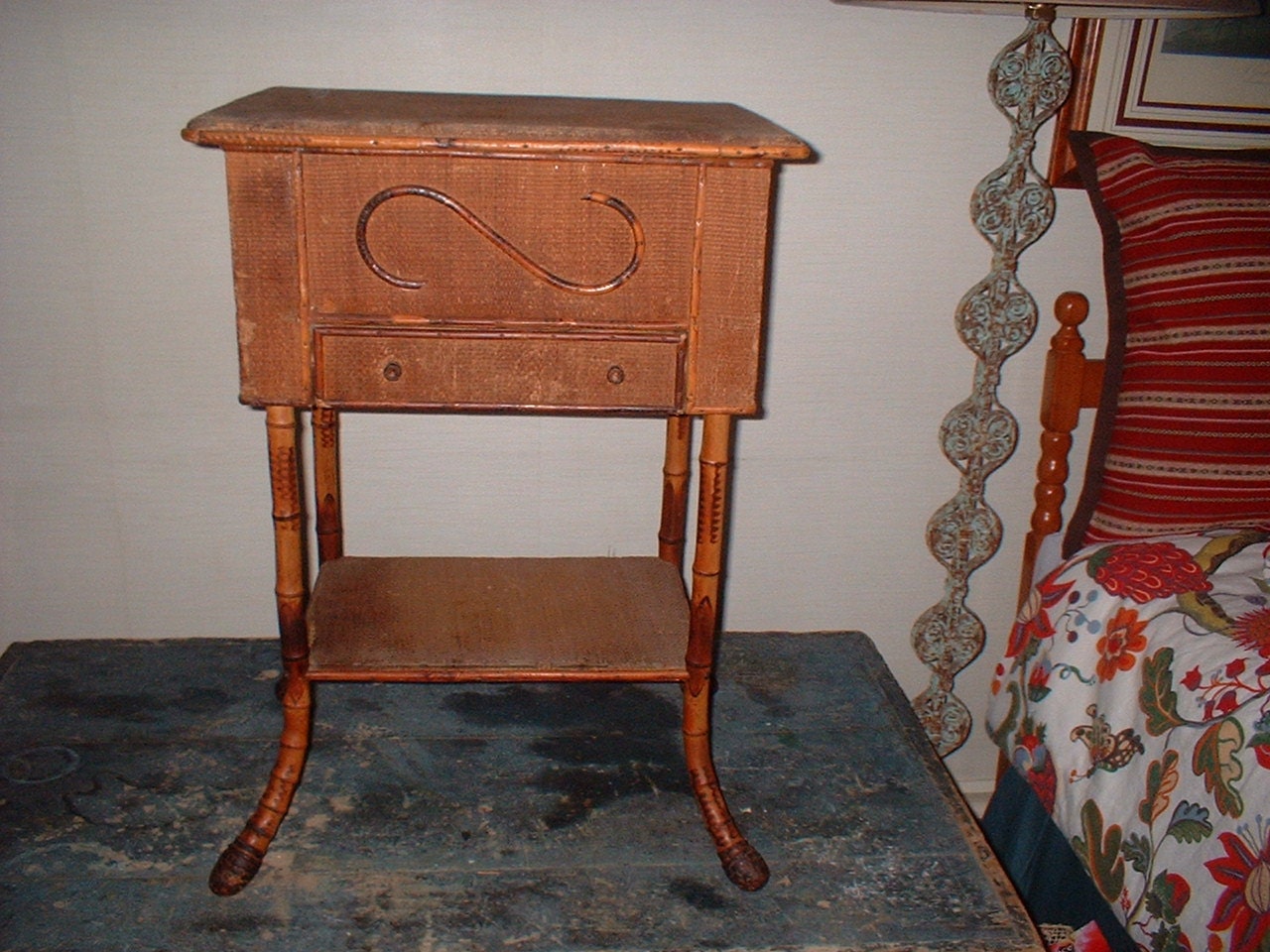 Antique Bamboo Sewing Table Jewelry Box Crafts Side Table 