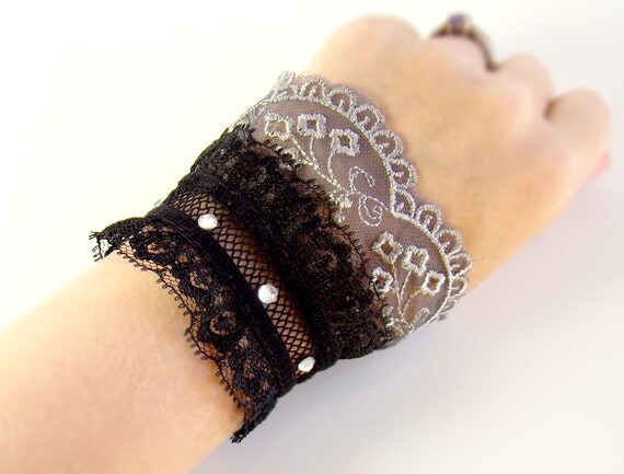 Lace Lolita Wrist Cuff Black and Gray Gothic Lace Bracelet