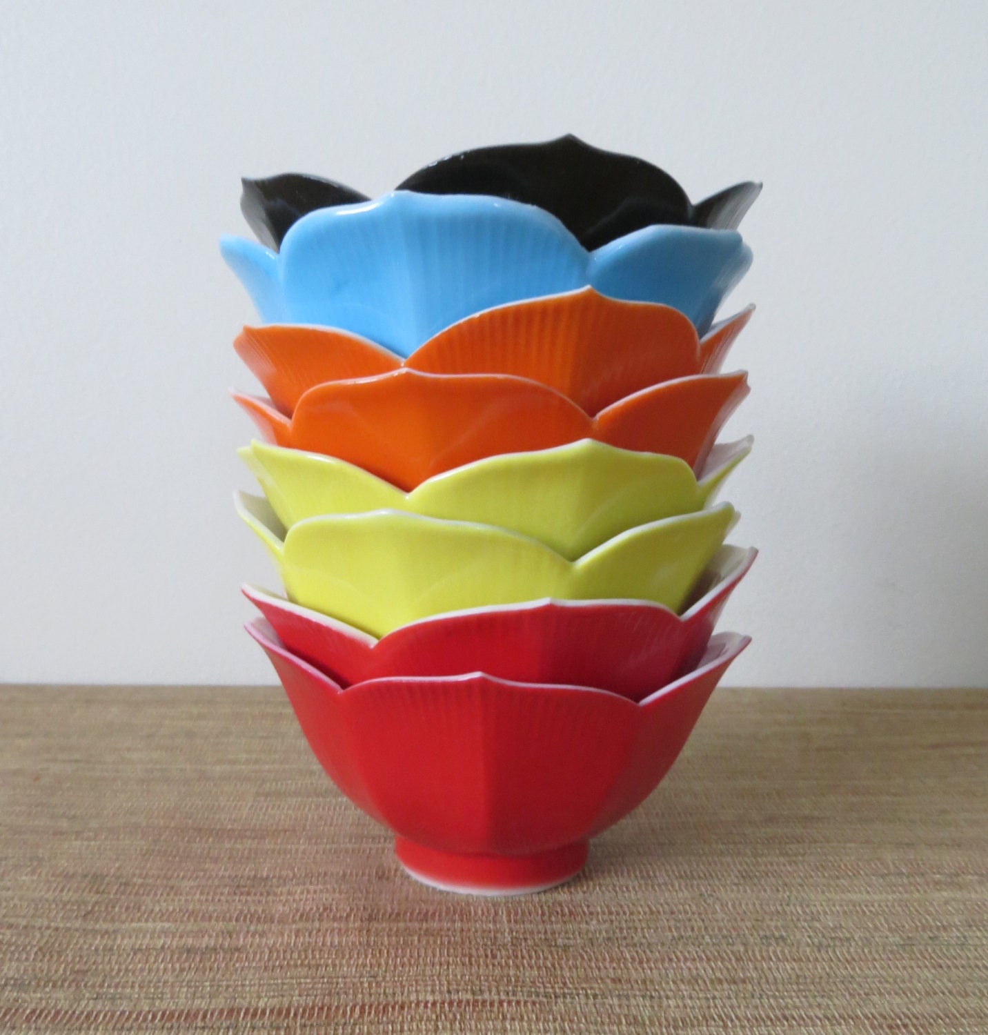 Vintage Lotus Rice Bowls Red, Orange, Yellow, Blue and Black Set of 8