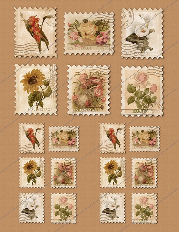Floral stamps. Fake stamps. Old postage stamps. by BitsAndPaper