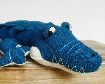NEW Crocodile Toy Blue Cream Body Hand Made Hand Woven Hand Embroidered 100% Cotton