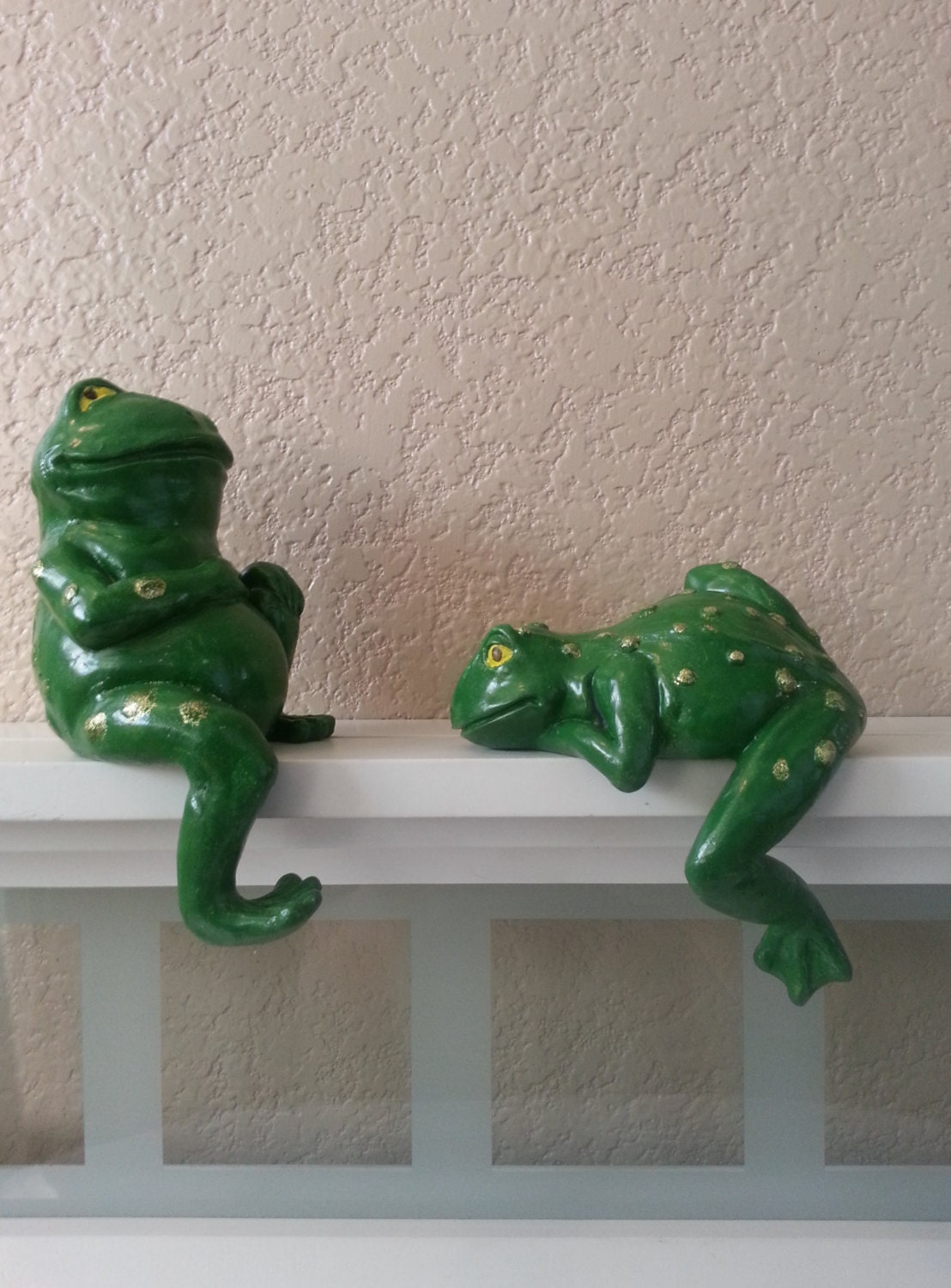Pair of Handpainted Green Ceramic Frogs Indoor/Garden