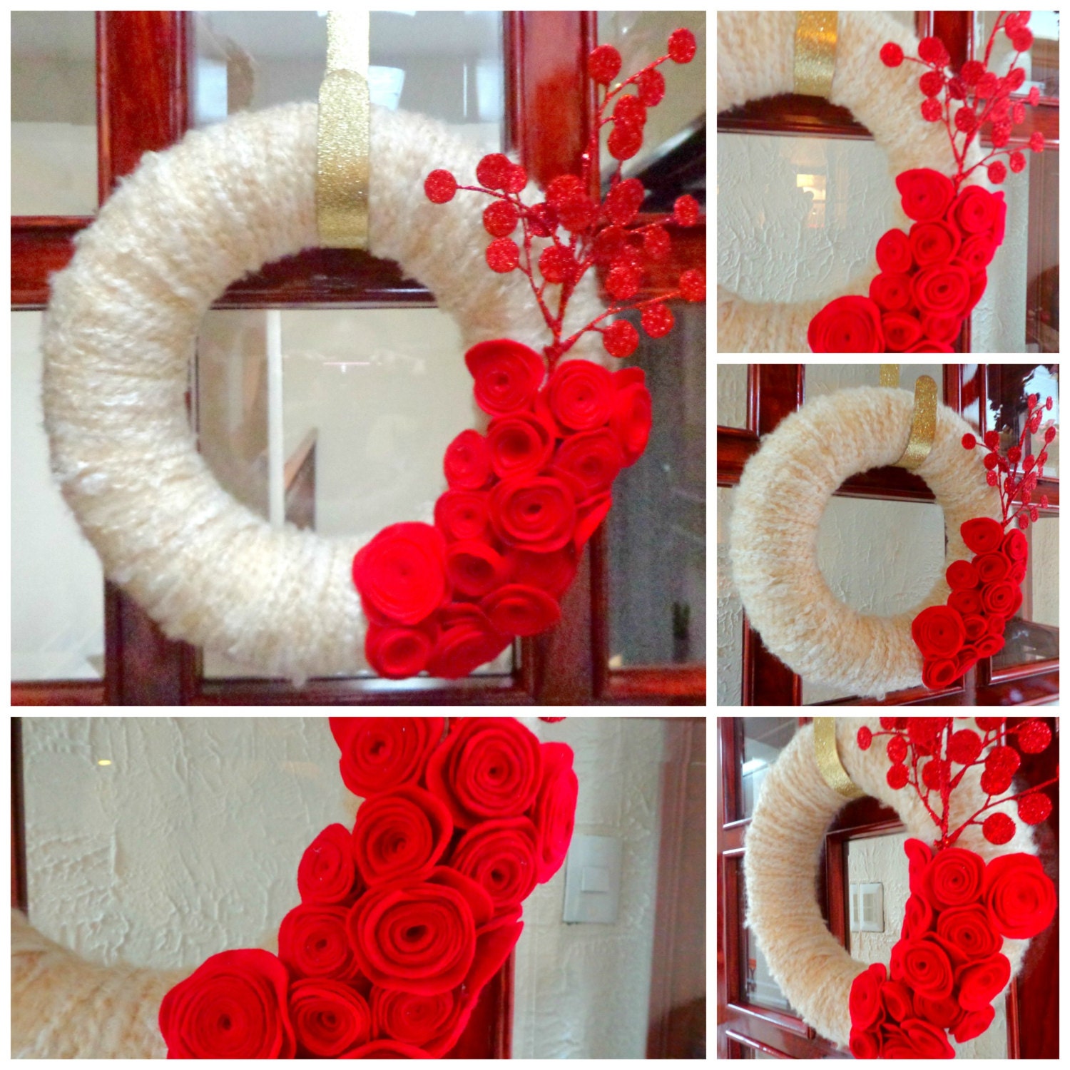 ChristmasWreath-13 inch-Ivory Yarn Wrapped Wreath with Red Felt Flowers with a red dots accent. Wreath