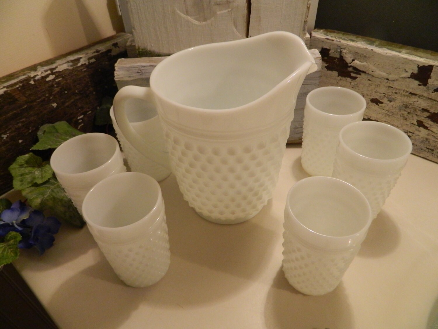 Vintage Hobnail Milk Glass Lemonade Set Pitcher and 6
