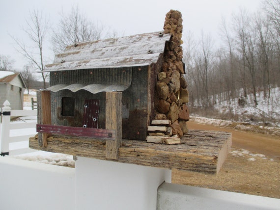 Birdhouse Reclaimed Barn Wood -- Tiny Cabin in the Woods -- Real Rock 