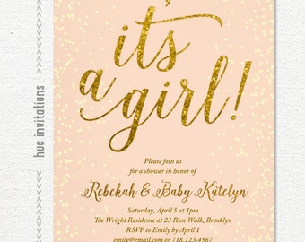 baby sprinkle invitations girl, coral gold glitter baby girl sprinkle shower printable invitation file, it's a girl peach gold confetti 129