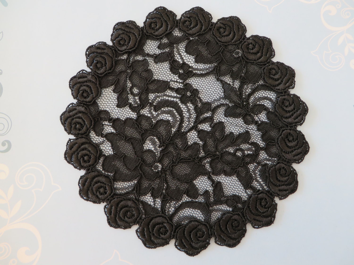 Handmade black lace doily head cover with flower by ElegantDoily