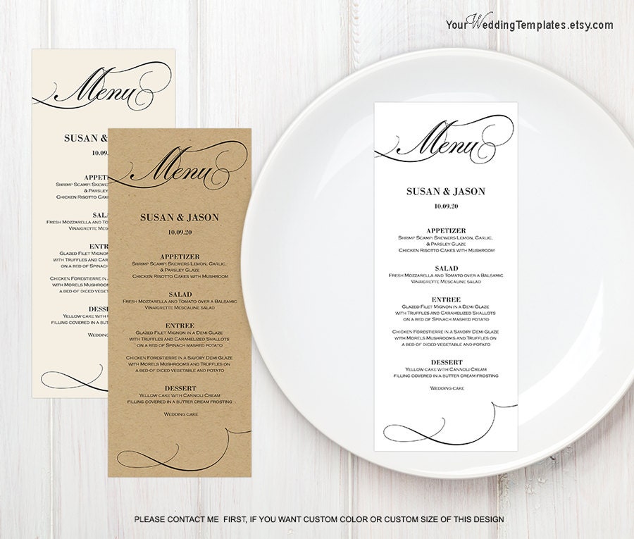 Elegant menu card template DIy printable wedding menu card