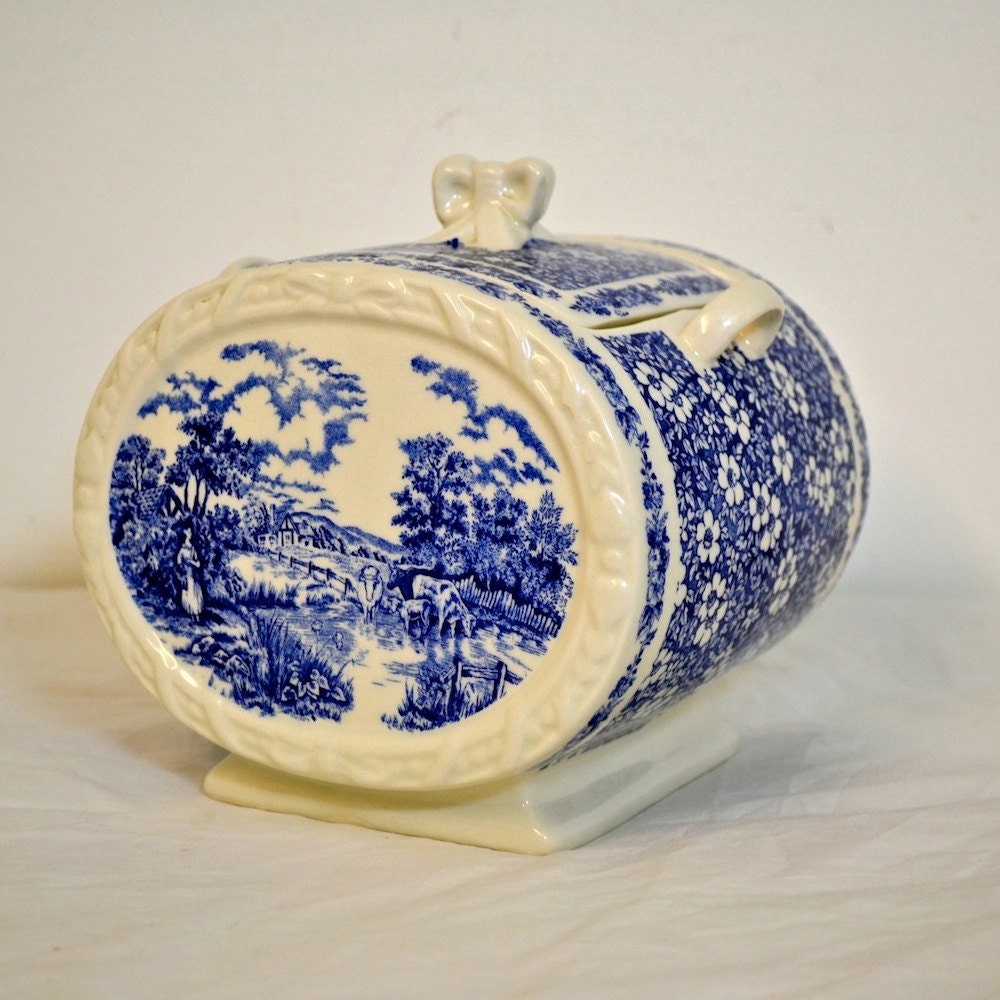 Vintage Sadler England Tea Caddy Blue and White China Covered