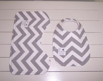 Super Classy Grey Chevron Bib and Burp Cloth Set ! FREE SHIPPING !!!!!