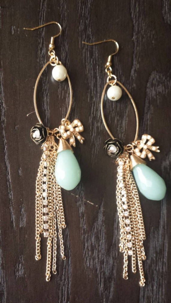 Gold Dangle Statement Earrings with Chains Pearls Soft Mint
