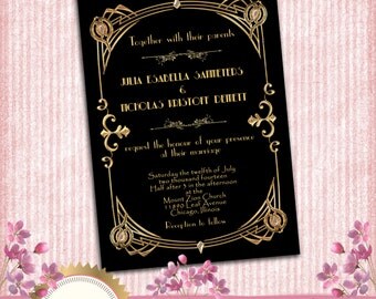 Great Gatsby Style Art Deco Wedding Invitation - 1920's, 20's Style - Black and Gold - Printable DIY