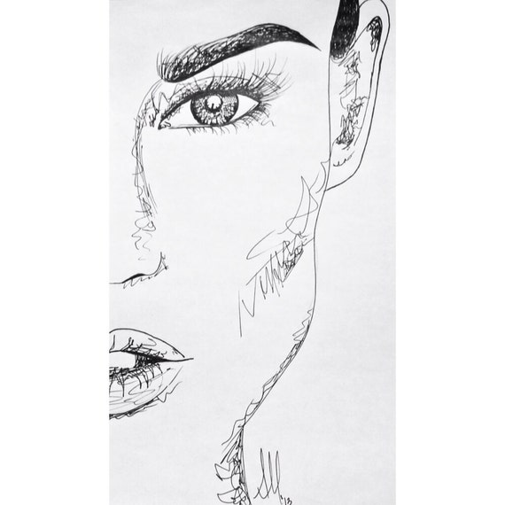 Items similar to Beautiful Womens Face Ink Drawing, 7X11 1/2 inches on Etsy