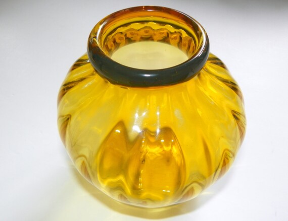 Vintage Amber Glass Vase Yellow Ribbed Hand Blown Glass Vase