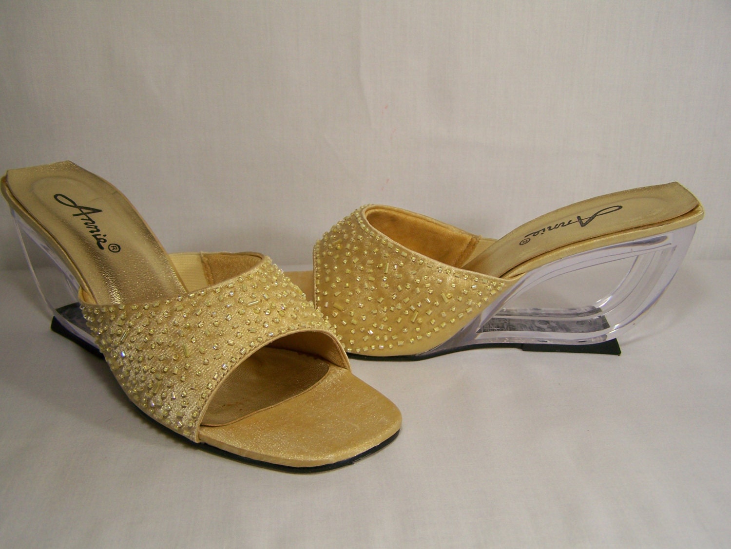 Ladies Fancy Gold Beaded Satin Slipper Shoes 3 Acrylic